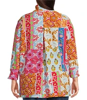 Calessa Plus Size Printed Ruffled Stand Collar Long Sleeve Button Front Tunic