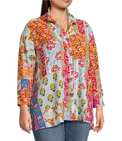 Calessa Plus Size Printed Ruffled Stand Collar Long Sleeve Button Front Tunic