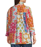 Calessa Plus Size Printed Ruffled Stand Collar Long Sleeve Button Front Tunic