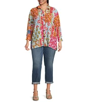 Calessa Plus Size Printed Ruffled Stand Collar Long Sleeve Button Front Tunic