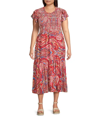 Calessa Plus Size Printed Scoop Neck Short Ruffle Sleeve Ruffle Dress