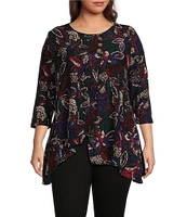 Calessa Plus Size Printed Textured Puckered Knit Crew Neck 3/4 Sleeve Asymmetrical Tunic