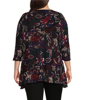 Calessa Plus Size Printed Textured Puckered Knit Crew Neck 3/4 Sleeve Asymmetrical Tunic