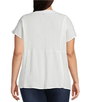 Calessa Plus Size Split V-Neck Short Sleeve Embroidered Crinkle Top