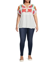 Calessa Plus Size Split V-Neck Short Sleeve Embroidered Crinkle Top