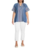 Calessa Plus Size Split V-Neck Short Sleeve Embroidered Tunic