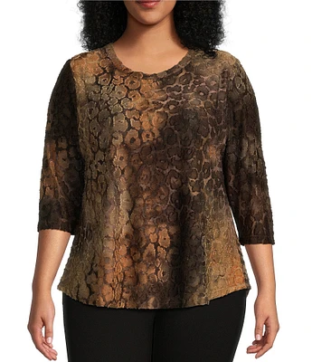 Calessa Plus Size Stretch Burnout Tie Dye Crew Neckline 3/4 Sleeve Top