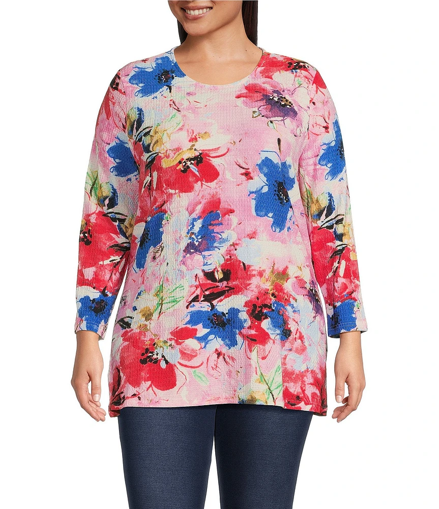 Calessa Plus Size Stretch Knit Floral Crew Neck 3/4 Sleeve Tunic