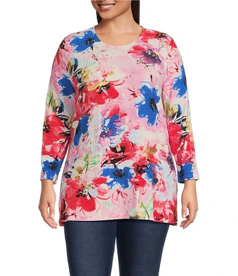 Calessa Plus Size Stretch Knit Floral Crew Neck 3/4 Sleeve Tunic
