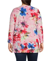 Calessa Plus Size Stretch Knit Floral Crew Neck 3/4 Sleeve Tunic