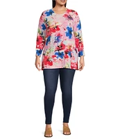 Calessa Plus Size Stretch Knit Floral Crew Neck 3/4 Sleeve Tunic