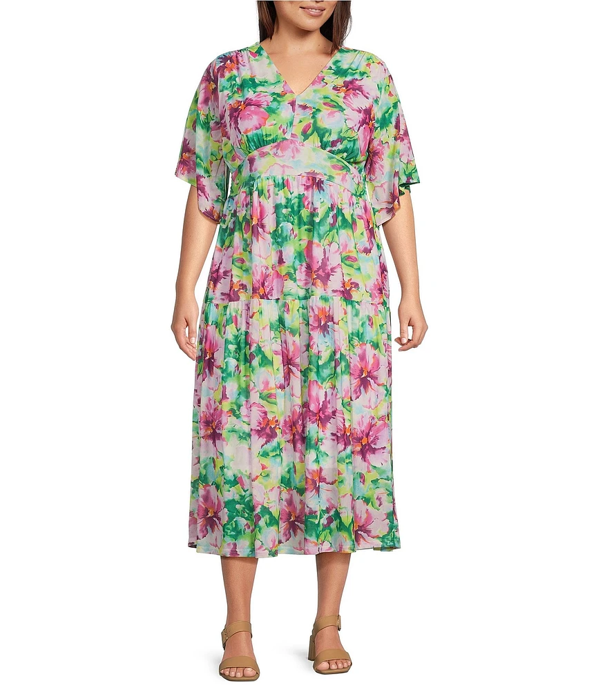 Calessa Plus Size Stretch Mesh Abstract New Floral Print V-Neck Short Sleeve Empire Waist Tiered Dress