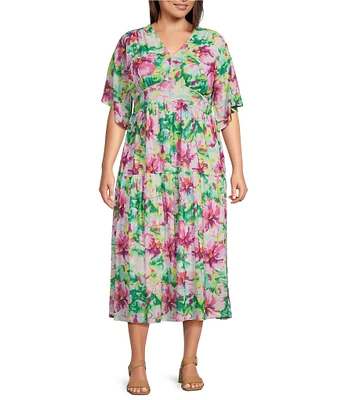 Calessa Plus Size Stretch Mesh Abstract New Floral Print V-Neck Short Sleeve Empire Waist Tiered Dress
