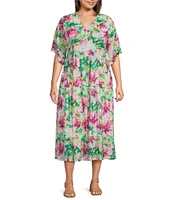Calessa Plus Size Stretch Mesh Abstract New Floral Print V-Neck Short Sleeve Empire Waist Tiered Dress