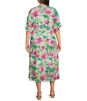 Calessa Plus Size Stretch Mesh Abstract New Floral Print V-Neck Short Sleeve Empire Waist Tiered Dress