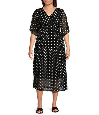 Calessa Plus Size Stretch Mesh Polka Dot Print V-Neck Flutter Sleeve Tiered Hem Midi Dress