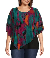 Calessa Plus Size Stretch Abstract Printed Mesh Crew Neckline Short Sleeve Asymmetrical Hemline Top