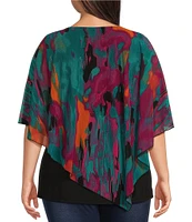 Calessa Plus Size Stretch Abstract Printed Mesh Crew Neckline Short Sleeve Asymmetrical Hemline Top