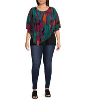 Calessa Plus Size Stretch Abstract Printed Mesh Crew Neckline Short Sleeve Asymmetrical Hemline Top