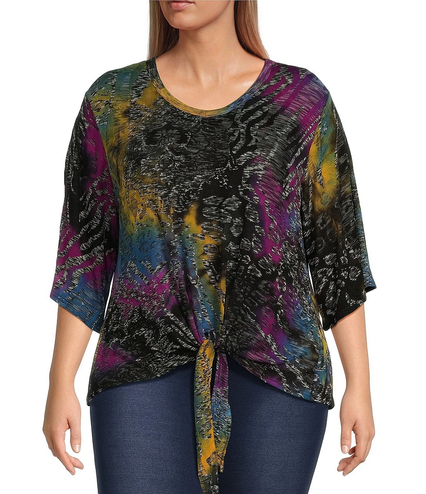 Calessa Plus Size Stretch Space Tie Dye V-Neckline 3/4 Sleeve Knit Top