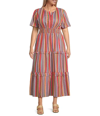Calessa Plus Size Stripe Round Split Neck Short Sleeve Midi Dress