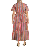 Calessa Plus Size Stripe Round Split Neck Short Sleeve Midi Dress