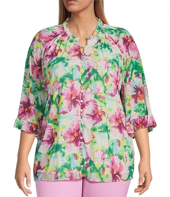 Calessa Plus Size Summer Floral V-Neck Banded Collar Elbow Sleeve Top