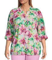 Calessa Plus Size Summer Floral V-Neck Banded Collar Elbow Sleeve Top
