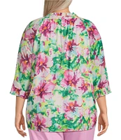 Calessa Plus Size Summer Floral V-Neck Banded Collar Elbow Sleeve Top