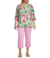 Calessa Plus Size Summer Floral V-Neck Banded Collar Elbow Sleeve Top