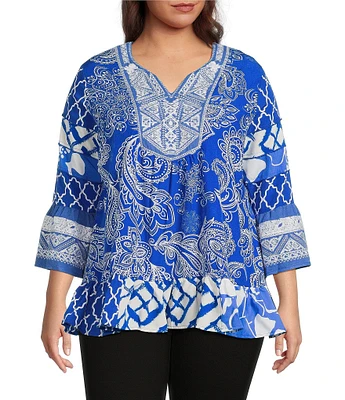 Calessa Plus Size Summer Paisley Split V-Neck Embroidered Tunic