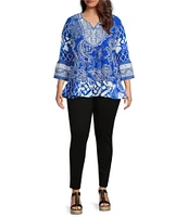 Calessa Plus Size Summer Paisley Split V-Neck Embroidered Tunic