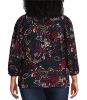 Calessa Plus Size Textured Abstract Print Crew Neck 3/4 Sleeve Top