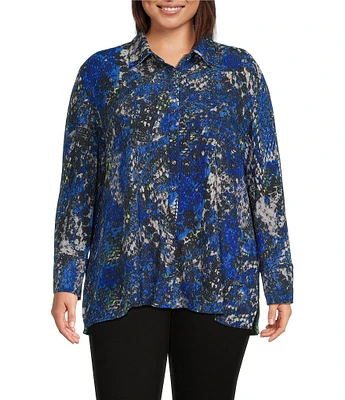 Calessa Plus Size Textured Crinkle Abstract Animal Print Point Collar Long Sleeve Button-Front Tunic