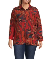 Calessa Plus Size Textured Crinkle Abstract Print Point Collar Long Sleeve Button Front Blouse