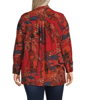 Calessa Plus Size Textured Crinkle Abstract Print Point Collar Long Sleeve Button Front Blouse