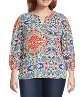 Calessa Plus Size Textured Crinkle Knit Florentine Mosaic Print Banded Split V-Neck Long Balloon Sleeve Tunic