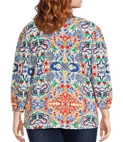 Calessa Plus Size Textured Crinkle Knit Florentine Mosaic Print Banded Split V-Neck Long Balloon Sleeve Tunic