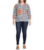 Calessa Plus Size Textured Crinkle Knit Florentine Mosaic Print Banded Split V-Neck Long Balloon Sleeve Tunic