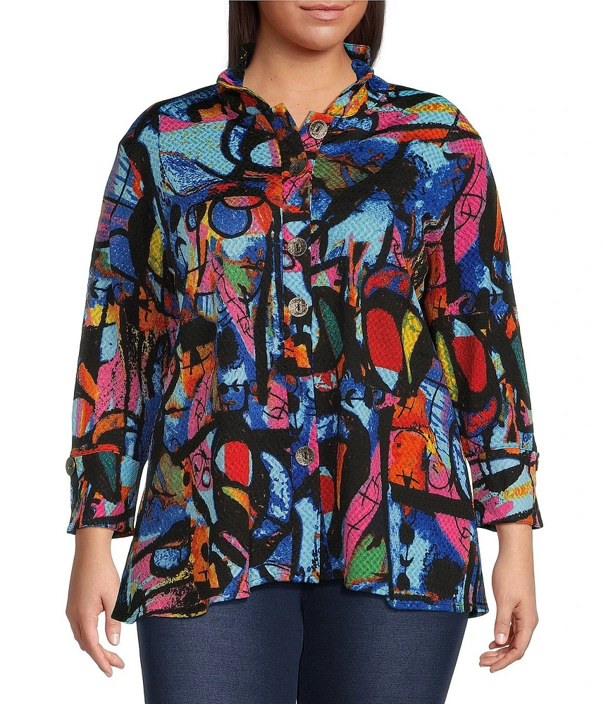 Calessa Plus Size Textured Crinkle Modern Abstract Print Stand Collar 3/4 Sleeve Button-Front Tunic