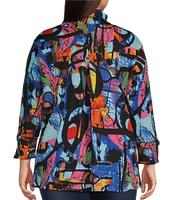 Calessa Plus Size Textured Crinkle Modern Abstract Print Stand Collar 3/4 Sleeve Button-Front Tunic