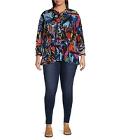 Calessa Plus Size Textured Crinkle Modern Abstract Print Stand Collar 3/4 Sleeve Button-Front Tunic