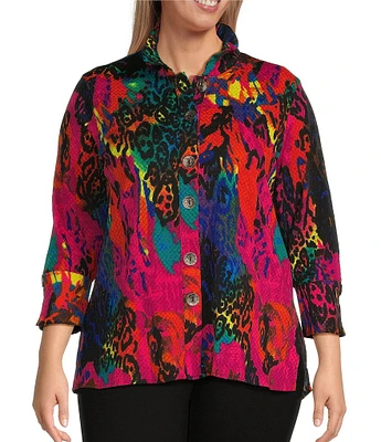 Calessa Plus Size Textured Crinkle Patchwork Animal Print Stand Collar 3/4 Sleeve Button-Front Tunic