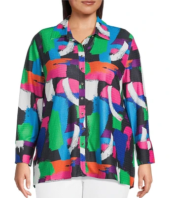 Calessa Plus Size Textured Knit Geometric Multicolor Point Collar Long Sleeve Button-Front Tunic