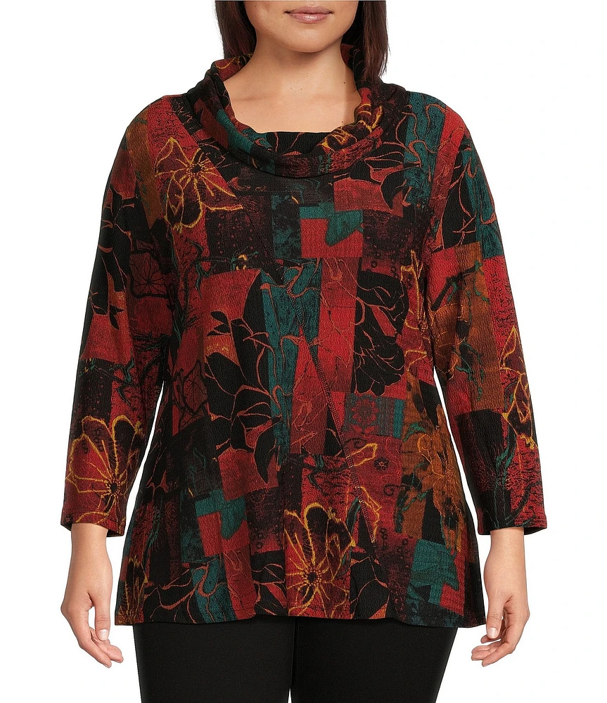 Calessa Plus Size Textured Knit Printed Cowl Neck Long Sleeve Tunic