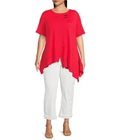 Calessa Plus Size Textured Knit Scoop Neck Short Sleeve Asymmetric Hem Tunic