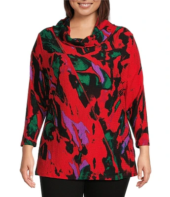 Calessa Plus Size Textured Printed Cowl Neck 3/4 Sleeve Tunic