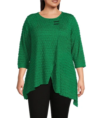 Calessa Plus Size Textured Puckered Knit Crew Neck 3/4 Sleeve Asymmetrical Tunic