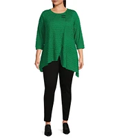 Calessa Plus Size Textured Puckered Knit Crew Neck 3/4 Sleeve Asymmetrical Tunic