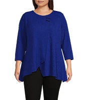 Calessa Plus Size Textured Puckered Knit Crew Neck 3/4 Sleeve Asymmetrical Tunic